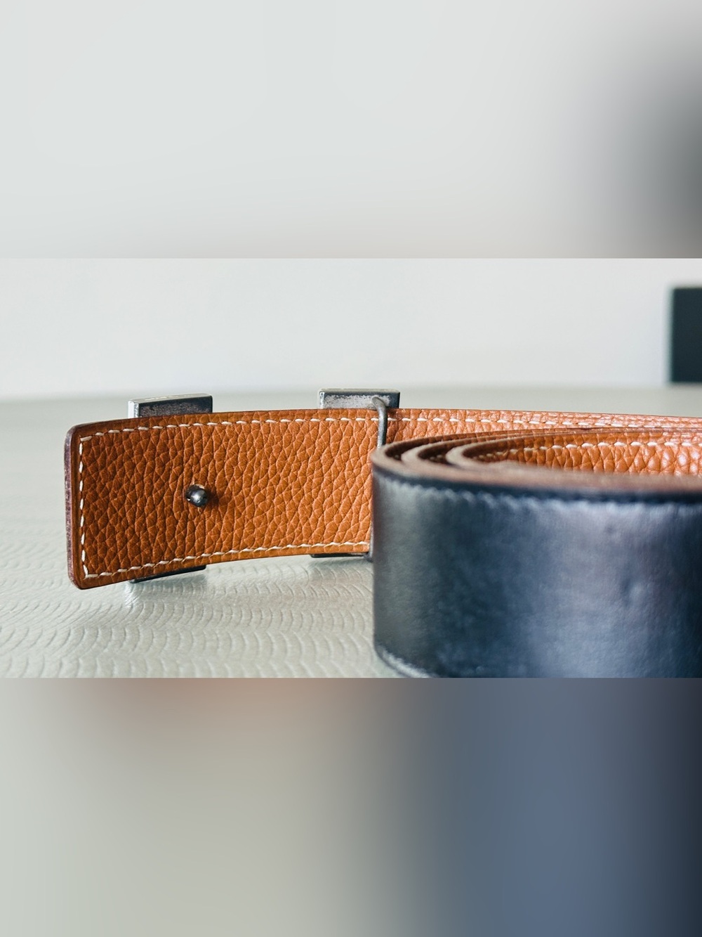 Hermes SILVER Buckle H Belt Black Black Tan Leather Strap 32 mm Width Size 95 Cm - Picture 7 of 16